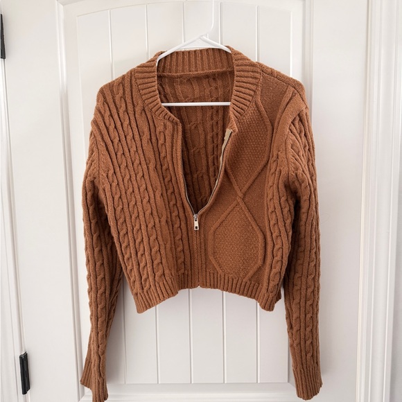 Amazon Sweaters - Amazon Cable Knit Zip-Front Sweater - Brown